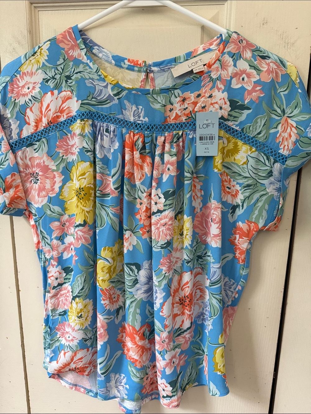 LOFT Blue Floral Pintuck Lace-Trim Top